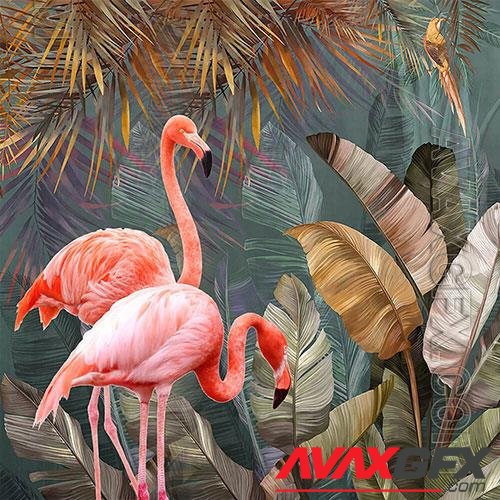 3D texture flamingos and exotic plants