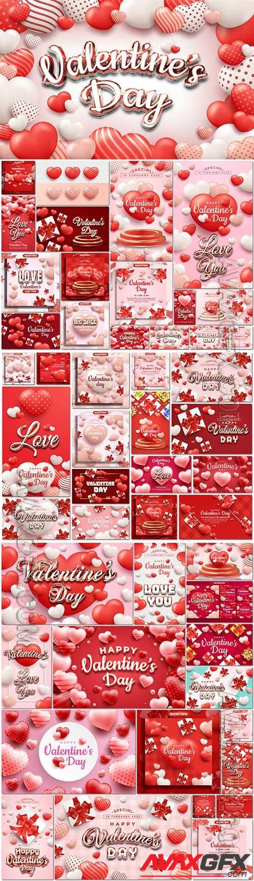 Happy valentines day set with gift box and realistic hearts vector