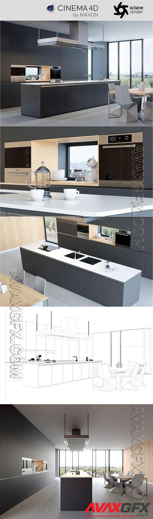 Octane – C4D Minimalist Kitchen Interior Scene 3D Model