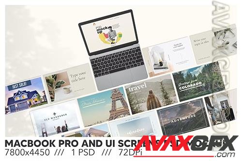 Macbook Pro and Ui Screens PSD Mockup NXFFQ5N
