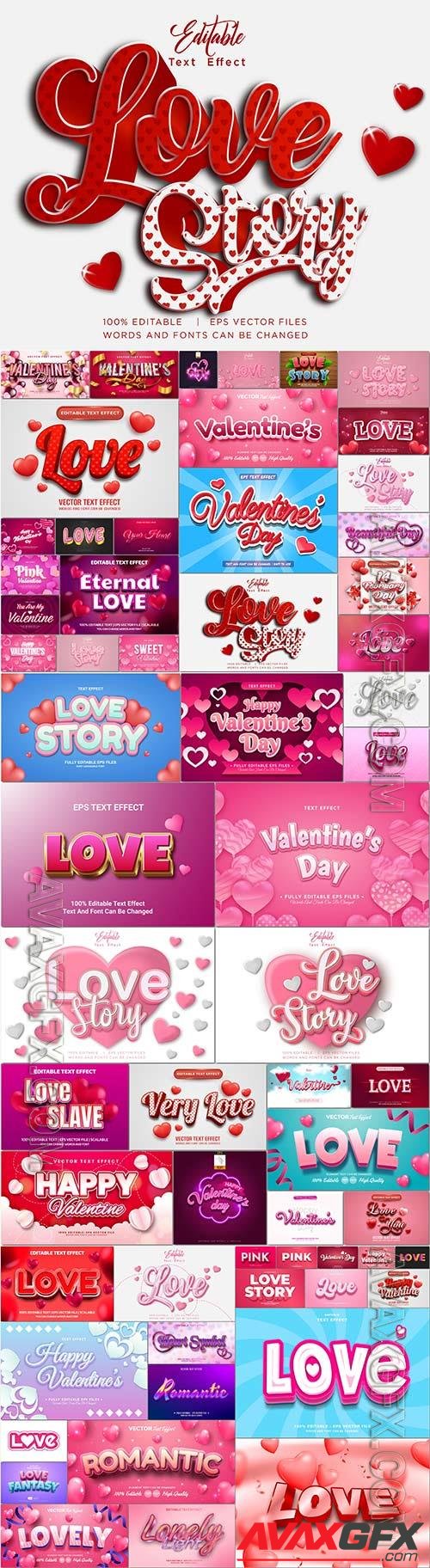 Valentines 3d editable text effect, love story in vector set