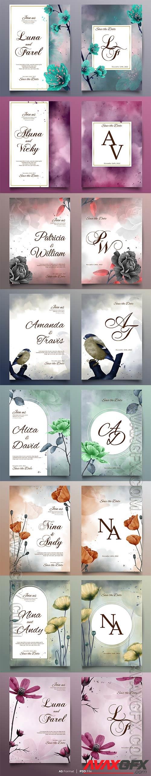 Watercolor wedding invitation card in psd