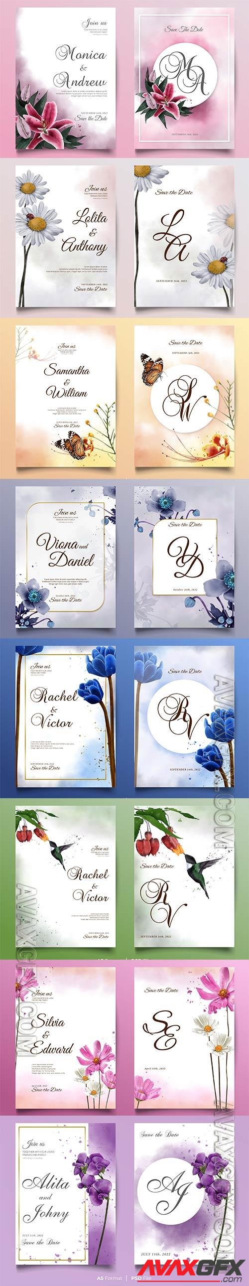 Psd watercolor wedding invitation card with flower