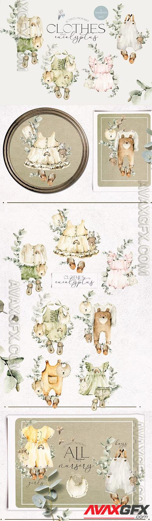 Watercolor baby clipart Girl boy dress Eucalyptus