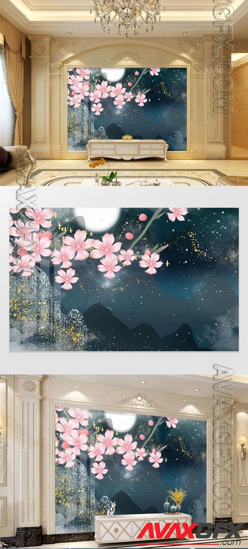 Chinese style relief landscape peach blossom TV background wall