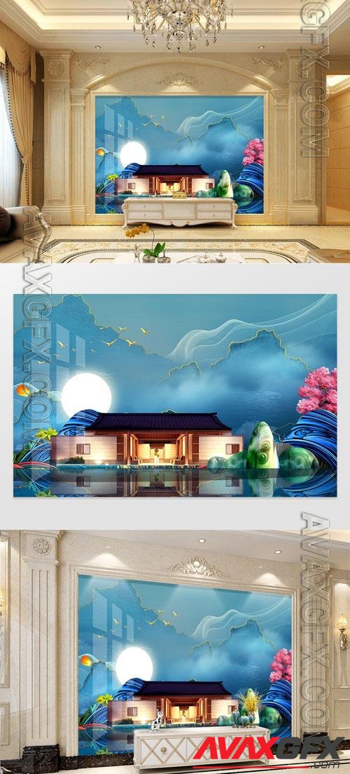 Blue landscape ancient style new Chinese background wall