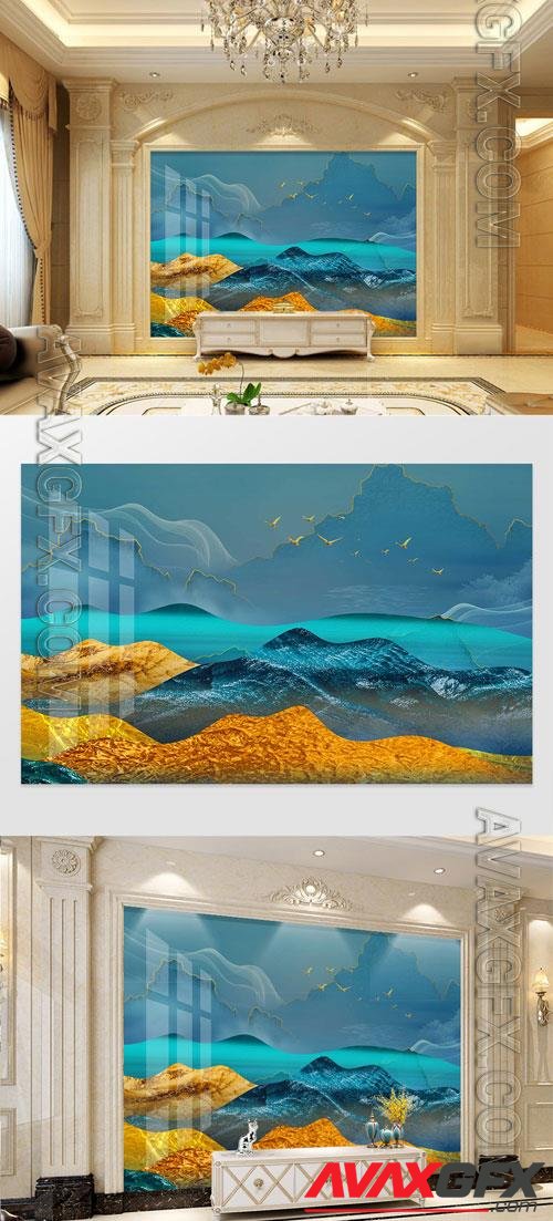 Blue gilt texture landscape new Chinese style background wall