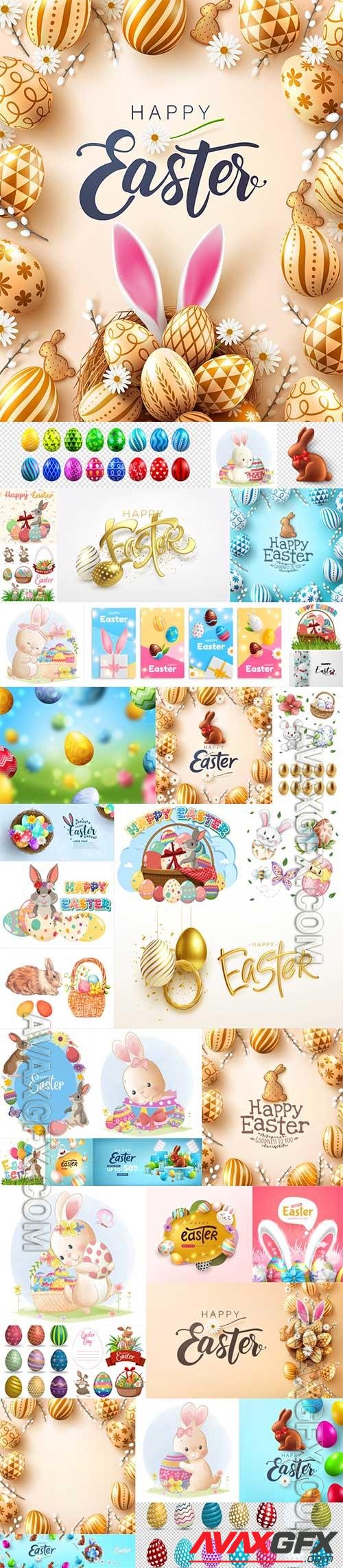 Easter poster and banner template with golden easter eggs in the bunny