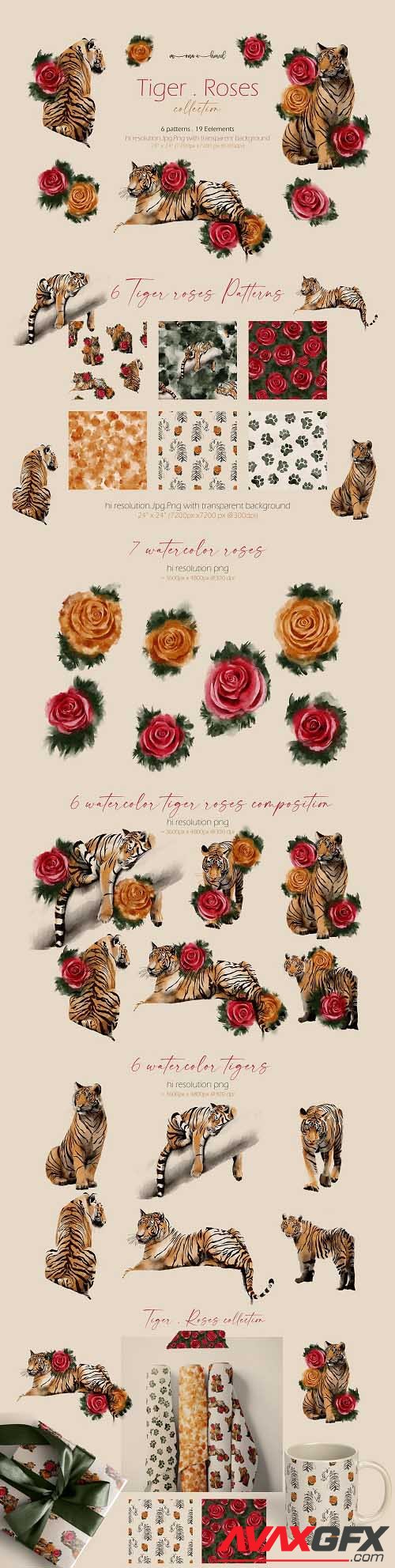 Tigers & Roses watercolor collection - 6941142