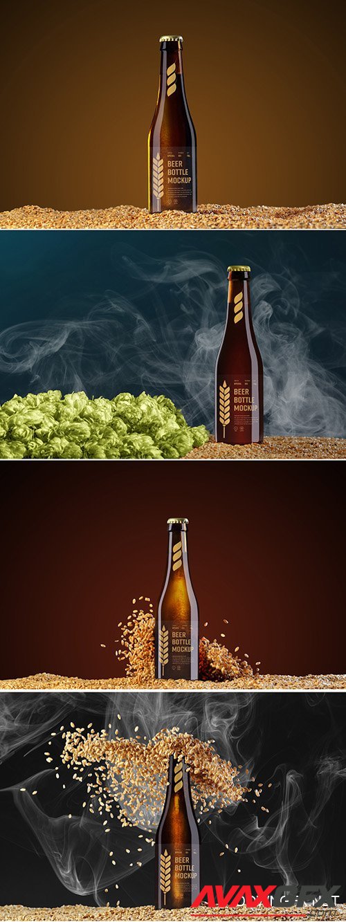 4 Beer Bottle Mockups with Hops, Grain, and Smoke Elements PSDT