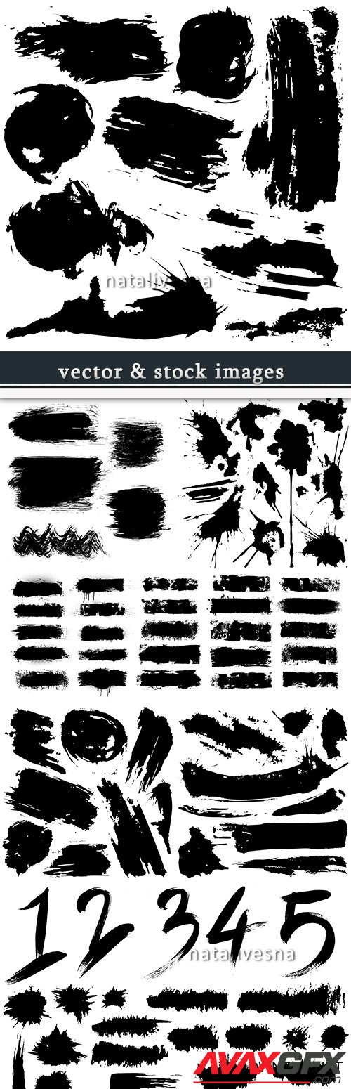 Grunge black ink brush strokes big collection elements 12