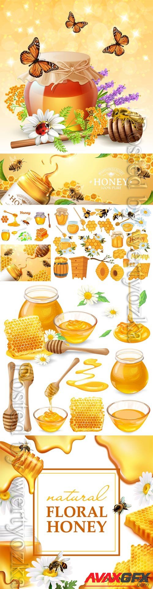 Honey set, honeycombs, bee, honey in glass jar, wooden honey dipper, honey in metal spoon and flowers