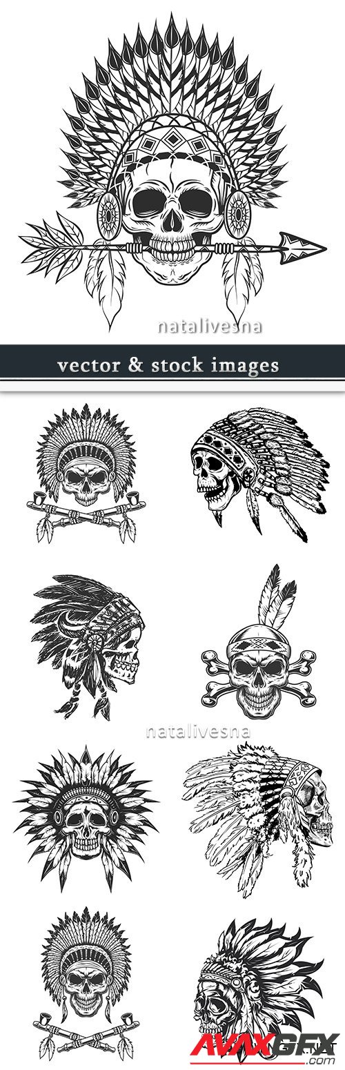 Indian headdress from feathers skull design vintage tattoo