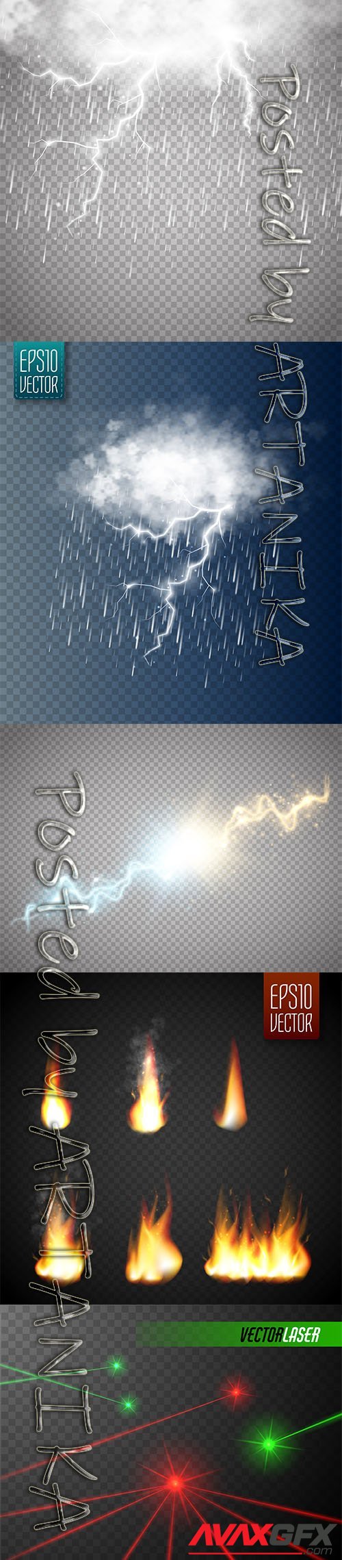 Vector Set of Storm Lightning with Rain, Laser Beams and Fire Flames Isolated Transparent