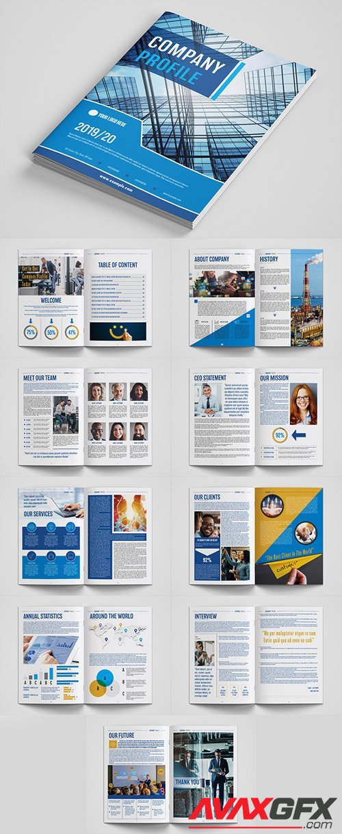 Company Profile Layout with Blue and Orange Accents 281116588
