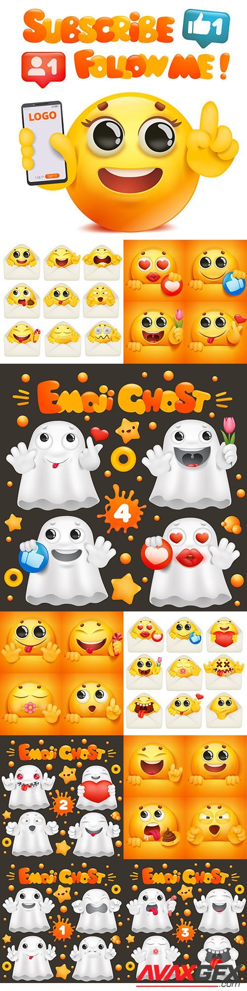 Yellow smiley and cute ghost in various emotions and situations