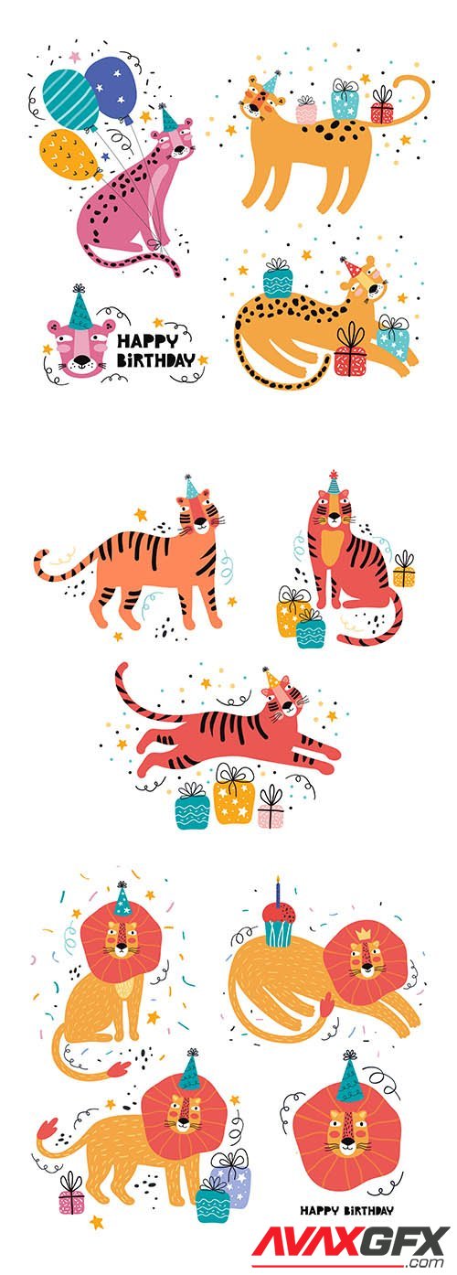 Happy Birthday Funny Jungle Animal Party Wild Animal Hand-Drawn Illustration