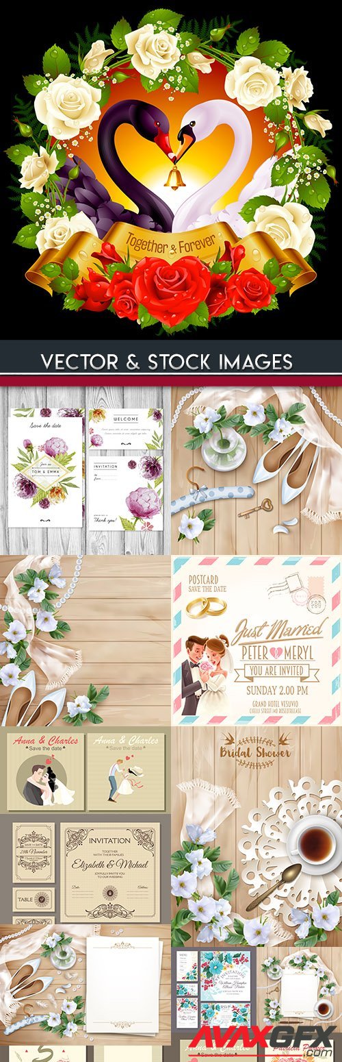Wedding decorative invitations with flowers and elements