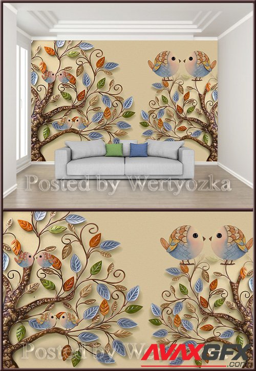3D psd background wall beautiful leaves embossed bird