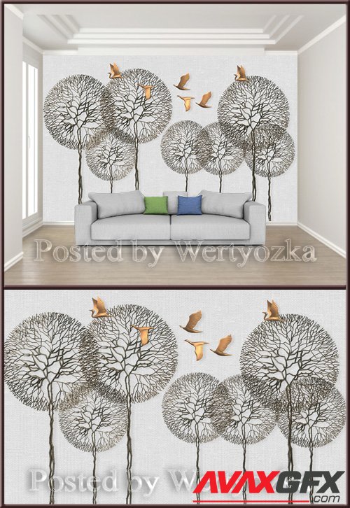 3D psd background wall embossed branches flying birds