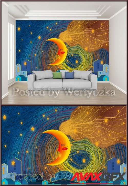 3D psd background wall modern starry moon house