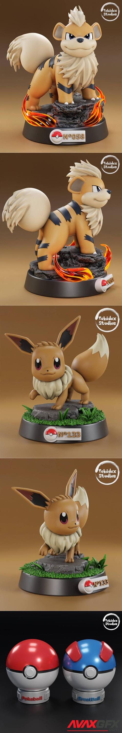 Pokedex Studios May 2022 - Eevee, Growlithe, Poke Ball, Great Ball – 3D Print