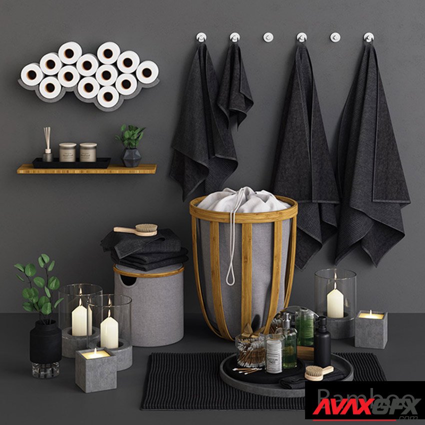 Bamboo & Concrete Bathroom Set 3D