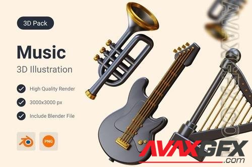 Trumpet, Harp & Electric Guitar 3D Illustration