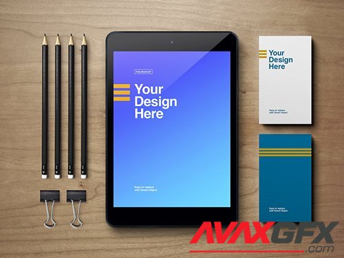 PSDT Tablet, Business Card, and Pencils Mockup 283815145