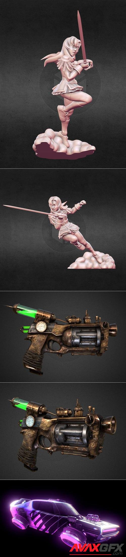 Revolutionary Girl Utena and Pistola Steampunk ii Gun and Retro Futuristic Car – 3D Print