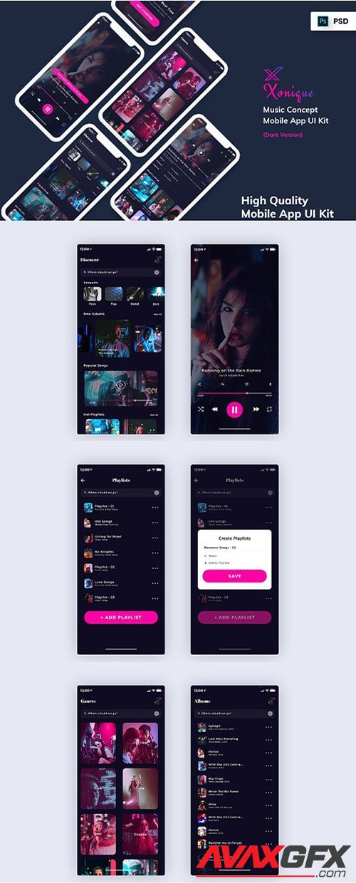 Xonique-Music Mobile App UI Kit Dark Version