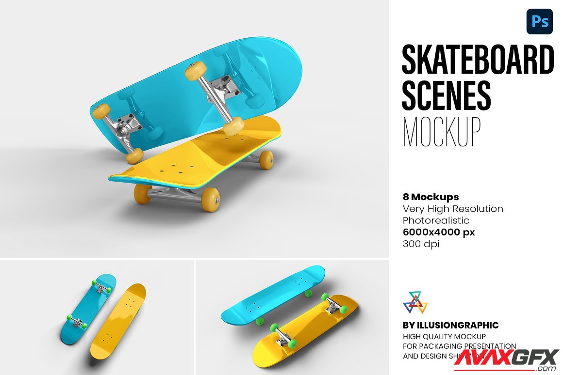 CreativeMarket - Skateboard Mockup Scenes - 8 Views 7438545