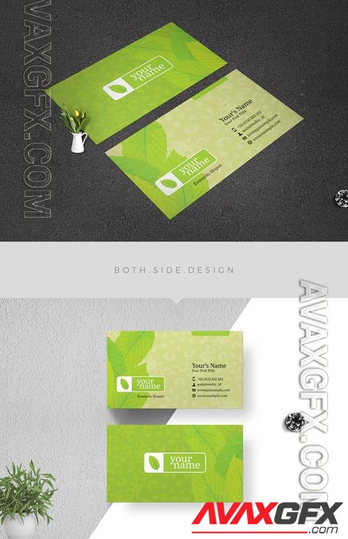 Business Card Layout with Green Foliage Elements 210195184