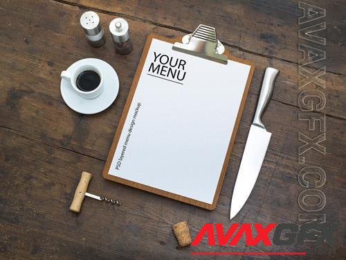 Restaurant Menu with Clipboard on Wooden Table Mockup 213112880