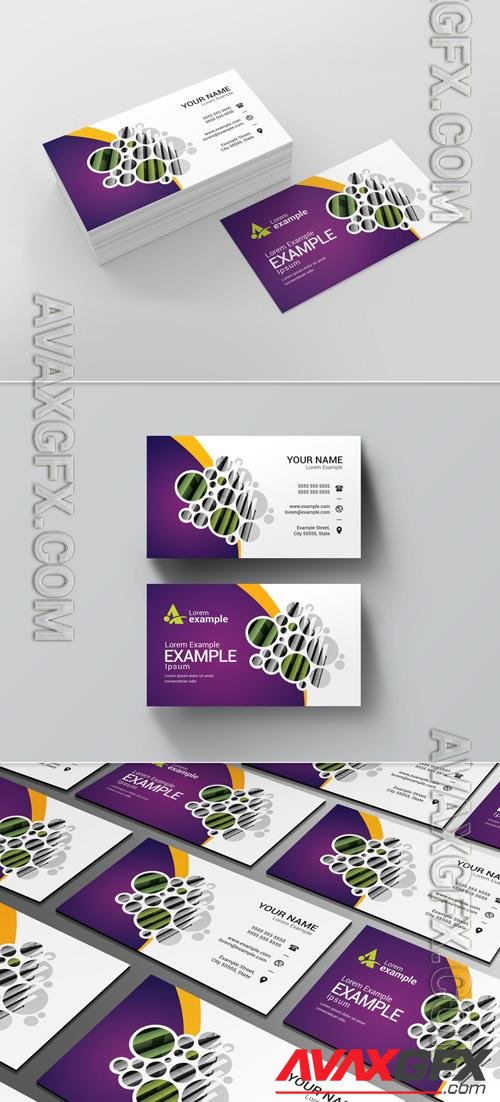 Business Card Layout with Purple, Yellow, and Green Elements 211022008