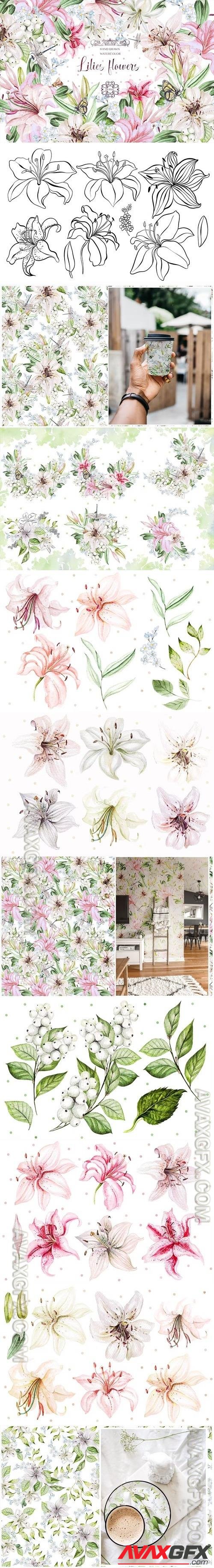Hand Drawn watercolor flowers lily 2 LAQ9Q6C