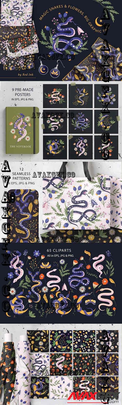 Snake Illustration & pattern bundle - 7825804