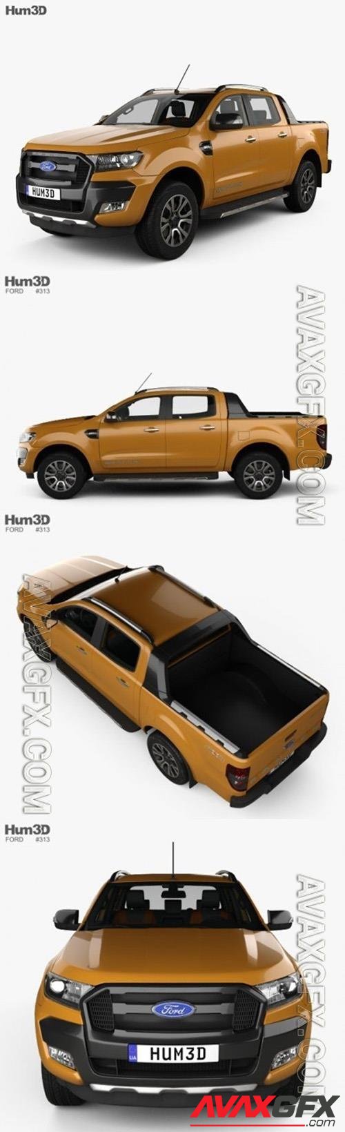 Ford Ranger Double Cab Wildtrak with HQ interior 2016 3D Model