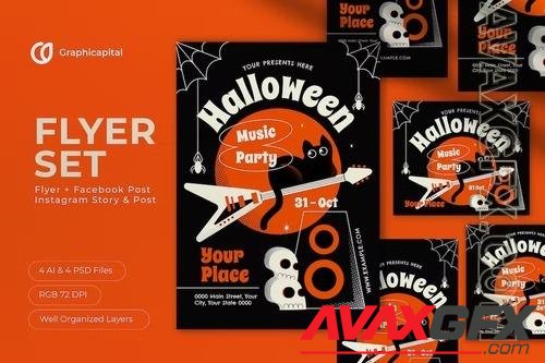 Orange Flat Design Halloween Music Party Flyer Set YQ9XMZS
