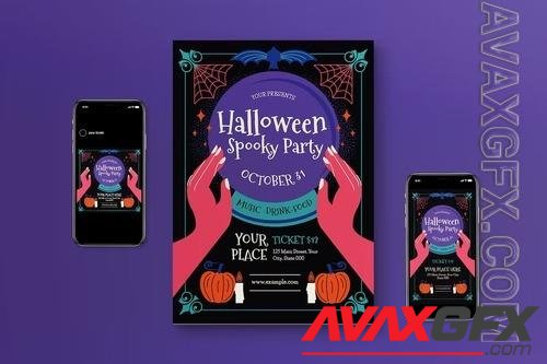 Black Modern Spooky Halloween Party Flyer Set L4Y336H
