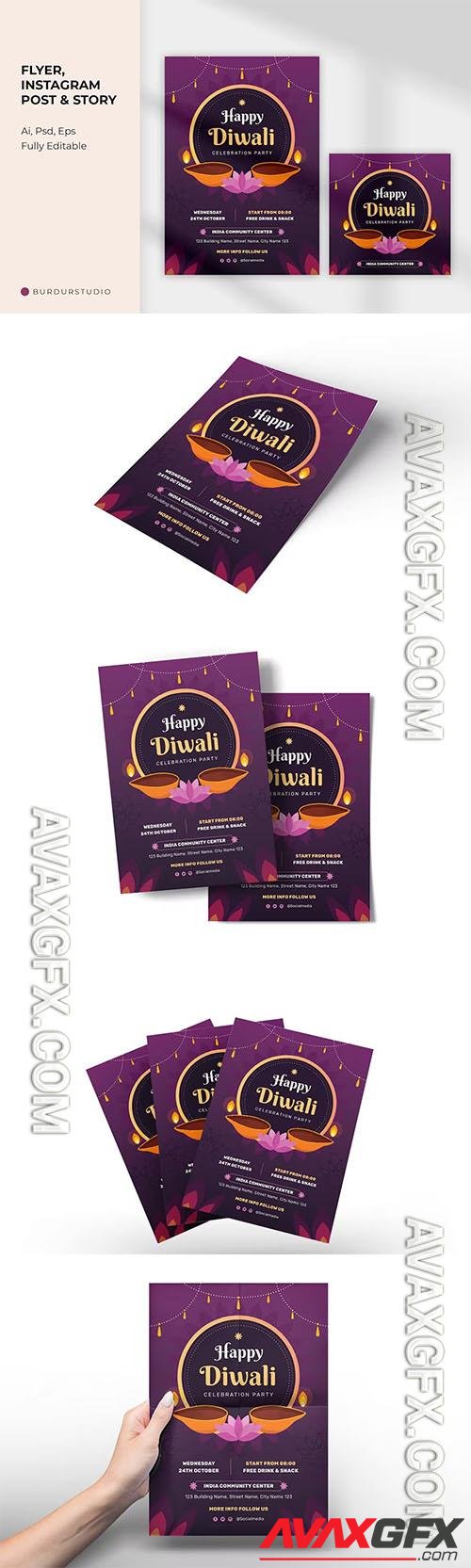 Happy Diwali Celebration Party Flyer and Instagram PSD