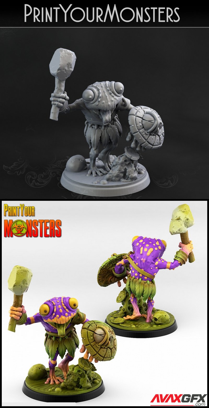 Print Your Monsters - Frog with Stone Axe - 3D Print Model