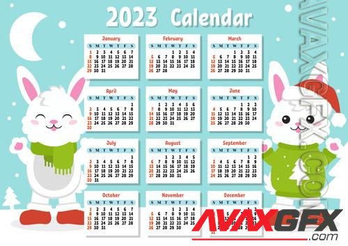 2023 Calendar with a cute character rabbit week starts on sunday fun and bright design cartoon style