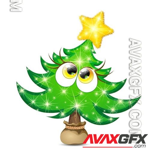 Funny fir tree girl character with yellow shiny star and christmas lights in a pot bag