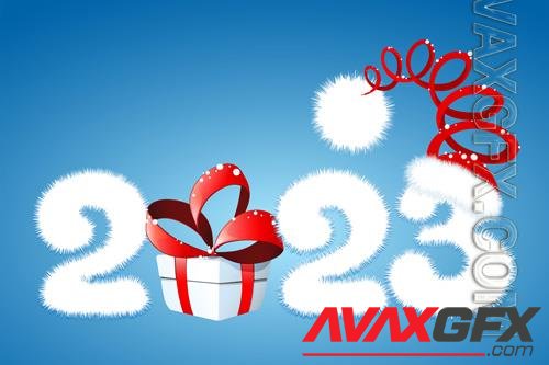 Cute fluffy white cartoon 2023 new year number with gift box and santa claus hat