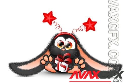 Cute fluffy black bunny in red star headband and gift box in his paws, chinese 2023 new year symbol