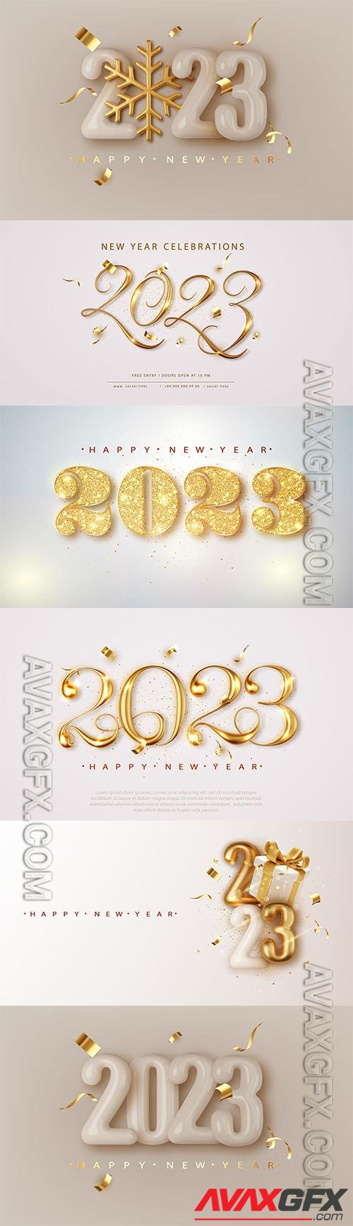 2023 happy new year elegant banner with falling confetti on bright background