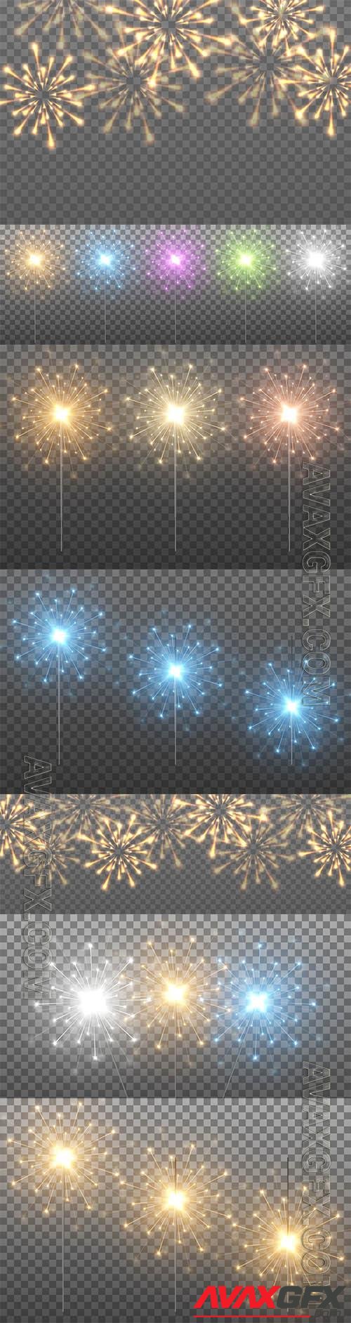 Vector sparklers on an isolated transparent background, gold sparklers, sparks, fireworks