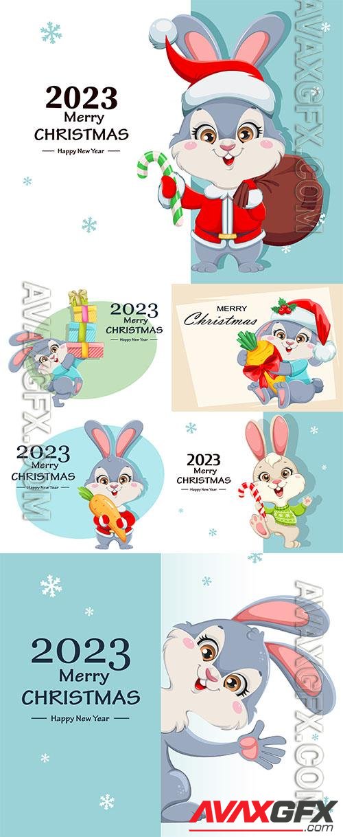 Merry xmas and happy new year cute cartoon rabbit