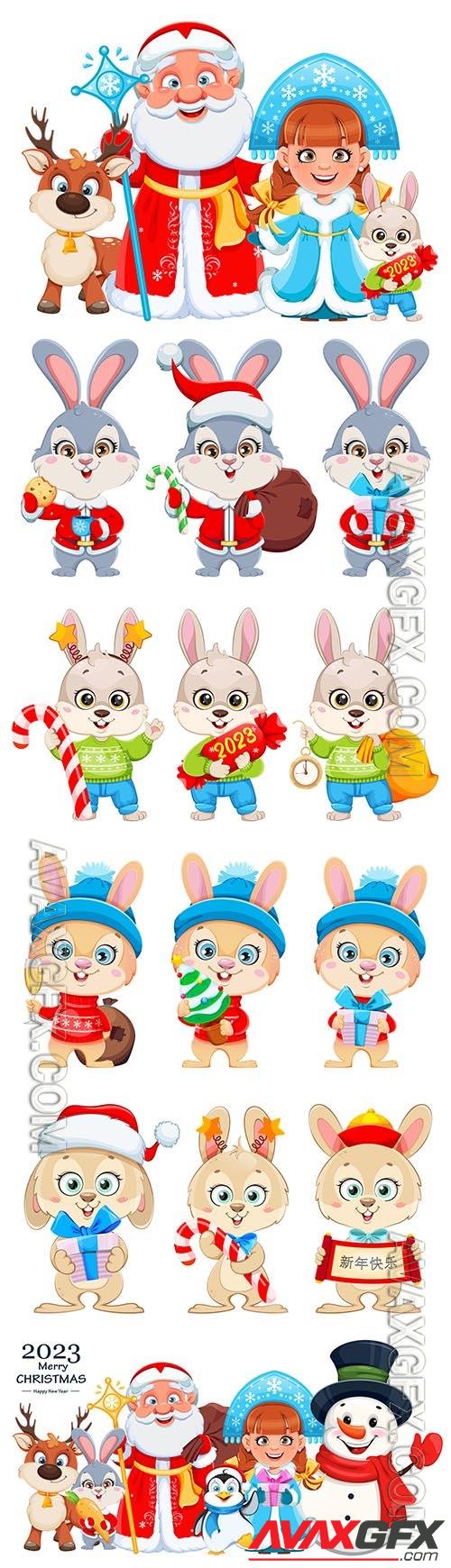 Cute rabbit, santa claus, snow maiden, snowman and cartoon animals christmas vector